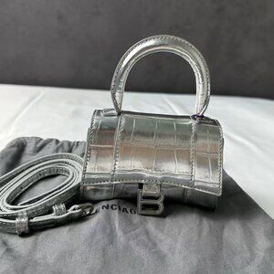 NWT BALENCIAGA Extra Small Hourglass Croc Embossed Metallic Leather TopHandleBag
